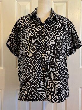 Tahari Black/White Geo Print Button Down Linen Blend Top w/Raglan Sleeves Small